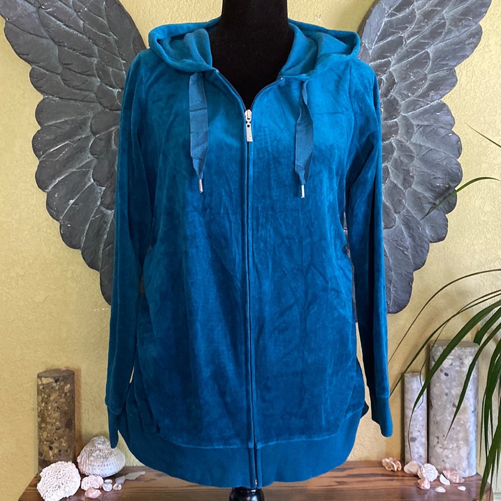 Velour Zip-Up Hoodie Sweatshirt - Teal